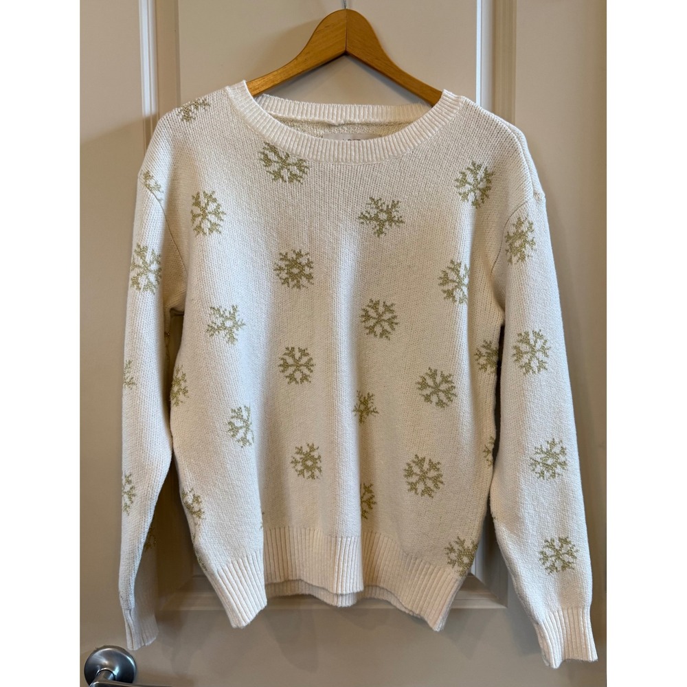 Loft Women's Ivory & Gold Metallic Snowflake Warm Crew Neck Knit Sweater Size M